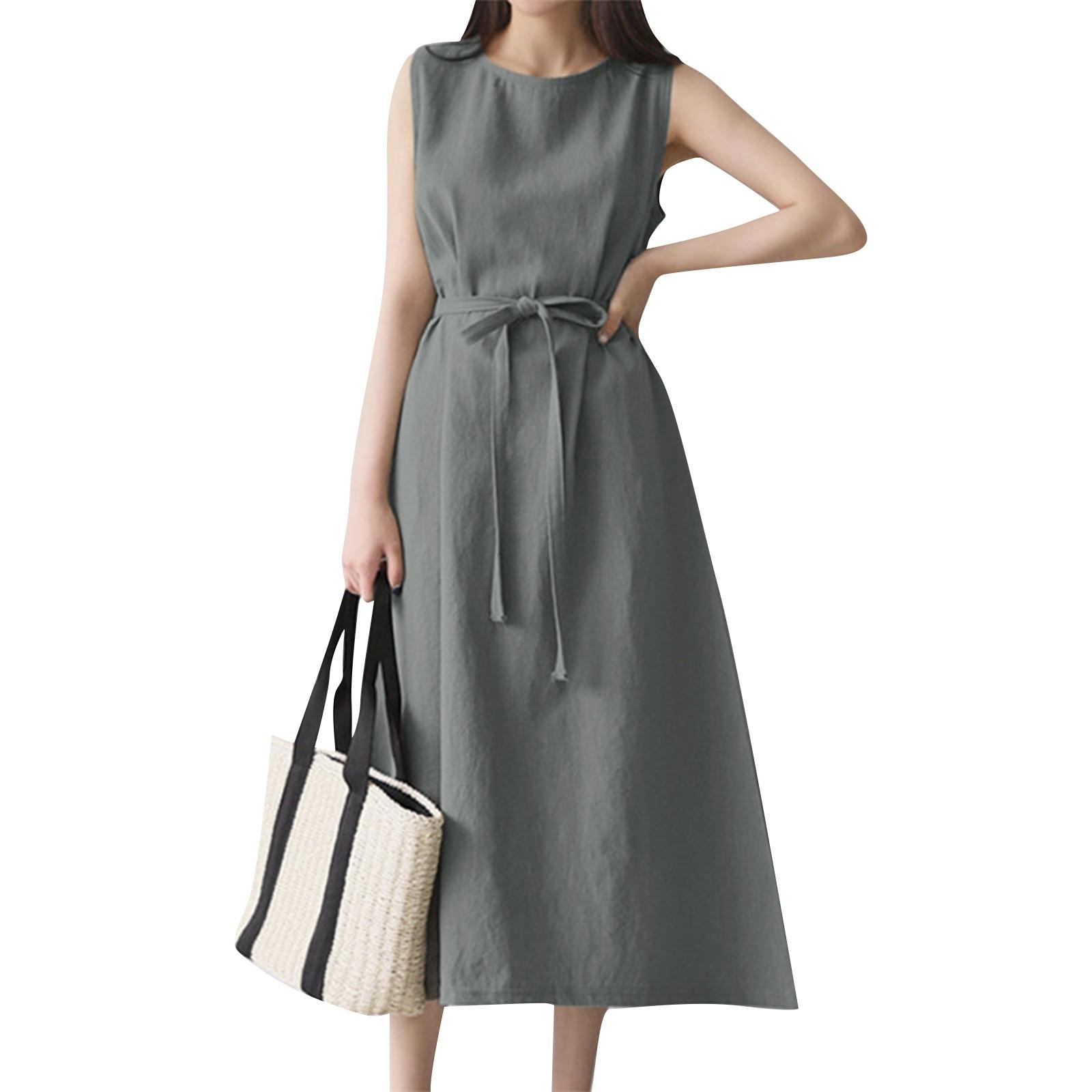 

Women s Fashion Loose Bohemian Sleeveless Round Neck Color Cotton Linen Belt Sleeveless Long Dresses M