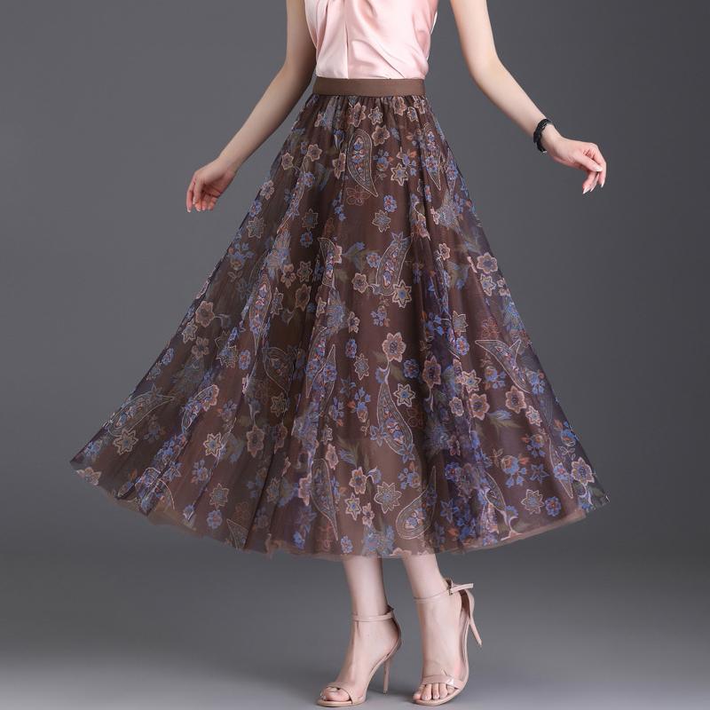 Summer Women's Skirt Literary Loose Floral Half-body Skirt In The Long Section of The Anti-permeable Gauze Skirt