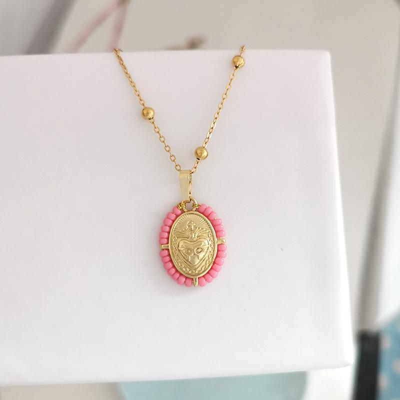 QMHJE Virgin Mary Pendant Charm Necklace Women Cross Scared Heart Jesus Choker Seed Beads Stainless Steel Chain Gold Color Mom