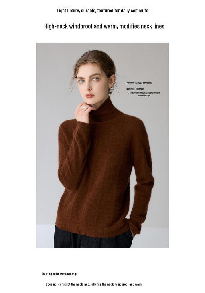 Women's High Neck Loose-Fit Cashmere Sweater - Soft, Slimming, Solid Color, Fluffy Knit Pullover Base Layer.