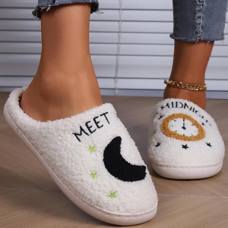 Modne kapcie z futra ze wzorem zegara księżycowego, damskie, modne, z imitacji wełny jagnięcej, bawełniane kapcie domowe, damskie, zimowe, ciepłe, antypoślizgowe, pluszowe klapki, dla pań