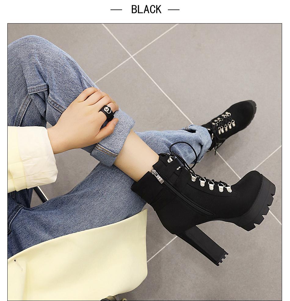 Belt Buckle Ankle Boots - High Platform Cross - Tied Zip, Office Lady Autumn Street Style Plus Size