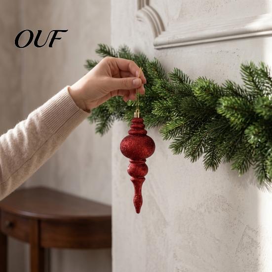 Holiday Party Decoration Accessories 6 Pcs Finial Drop Christmas Ornament, Glitter Shatterproof Plastic Decorative Hanging Ornaments for Home