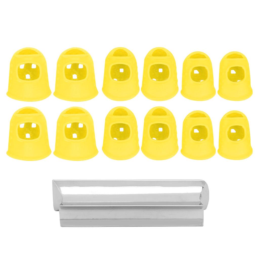 Guitar Sliding Bar Zinc Alloy Grooves Round Tip with 12 Silicone Finger Protectors for Ukulele