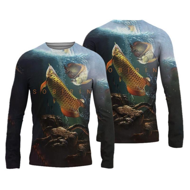 Sommer Herren Angelshirts 3D Pinting Angelbekleidung Atmungsaktives T-Shirt Langarm Outdoor Sport Rundhals Angelshirt 6XL