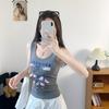 #Summer new sweet wind cartoon print splicing round neck vest female slim fixed with chest pad top