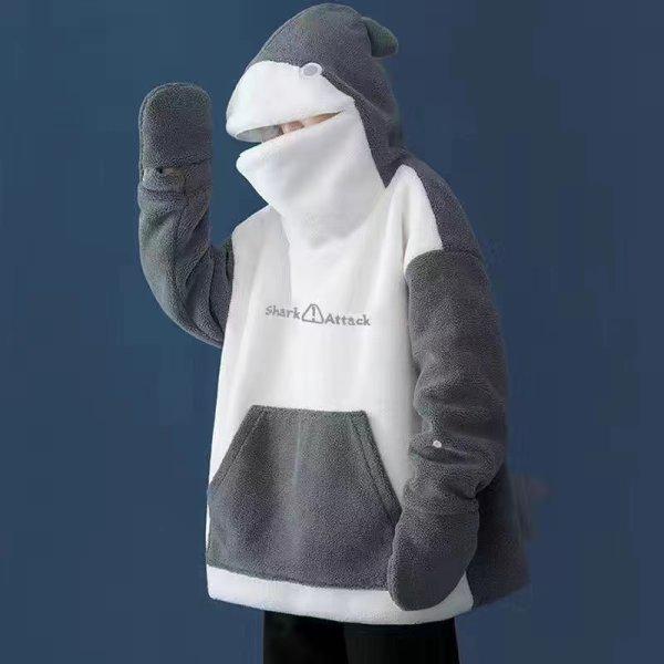 Women's Cute Shark Hooded Sweatshirt - Loose Fit, Korean Style, 2025 Autumn/Winter Lamb Wool
