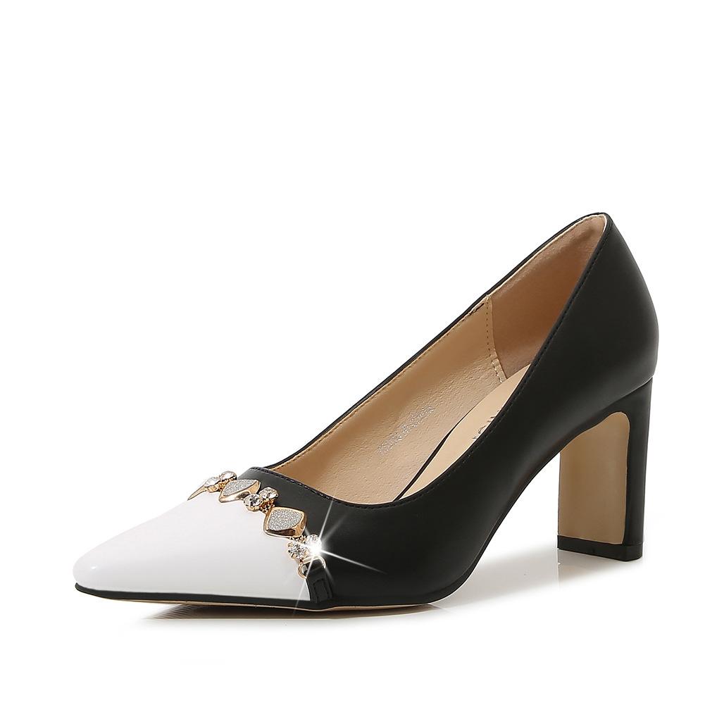 

Остроносые белые туфли на высоком толстом каблуке женские весенне-летние новые туфли-лодочки с ремешком из стразов 8 см, темпераментный средний каблук, осенние 46 чёрный