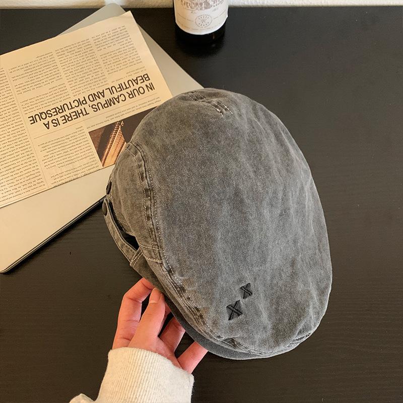 Pink Retro Denim Forward Hat Women'S American Casual Versatile Big Head Circumference Showing Face Small Beret British Style Hat