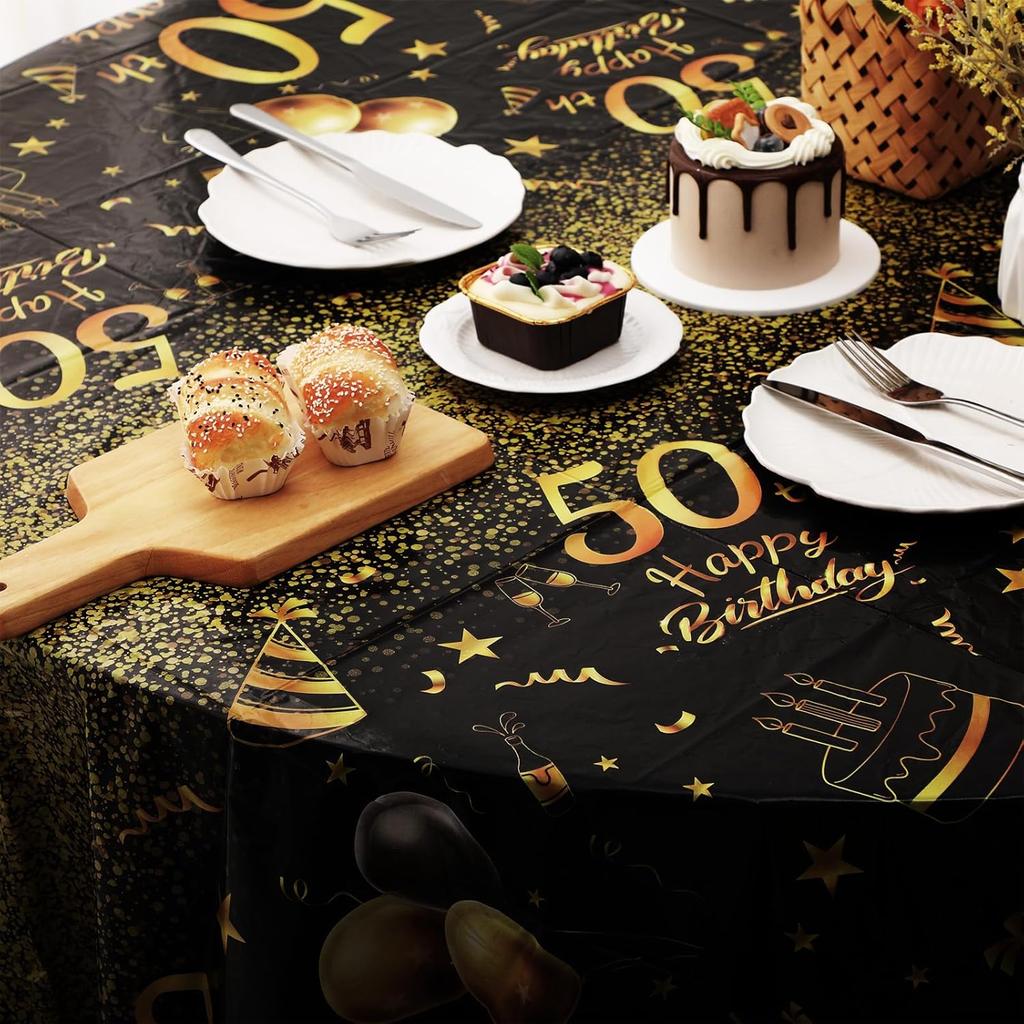 Oudain 3 Pack 50th/70th/80th Round Birthday Tablecloth Black and Gold Happy Birthday Party Decorations 84 inch Disposable Plastic Table Cover