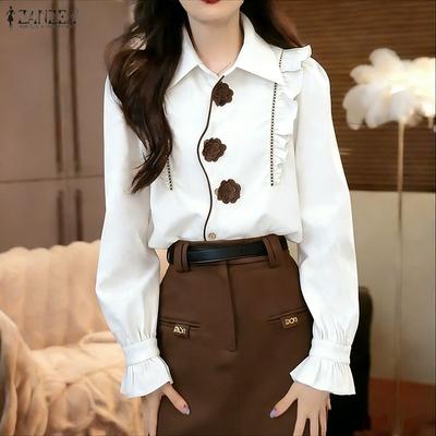 Women Casual Turn Down Collar Loose Long Sleeve Classic Blouse