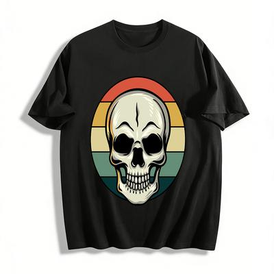 T-shirt Casual à Col Rond et Manches Courtes avec Imprimé Crâne Vintage 100% Coton