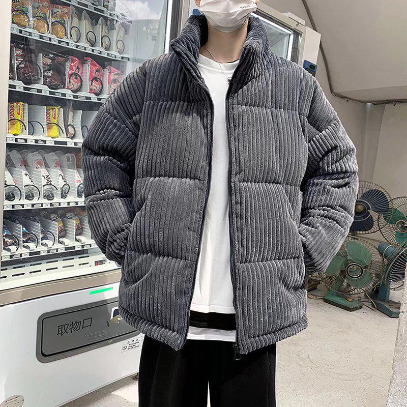 Men's Striped Cotton Winter Coat with Stand Collar and Thick Fleece, Couple's Style.