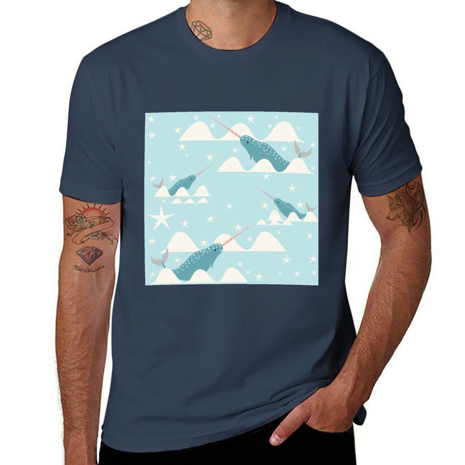Swimming Narwhal Blue Tshirt Simple Casual Short Sleeve Cotton Tshirt S