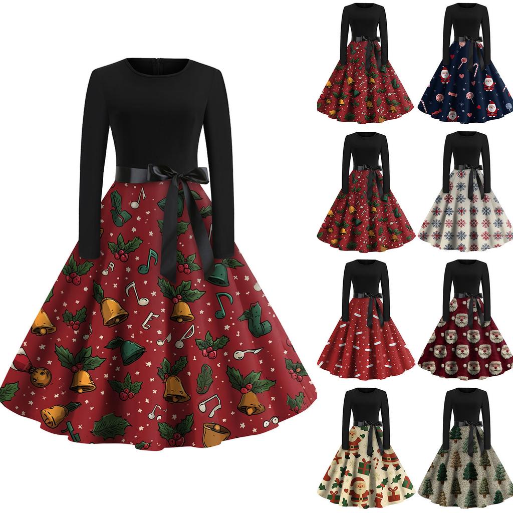 Dámské módní kulaté ležérní slim fit šaty s vánočním potiskem, velké kolové, s dlouhým rukávem