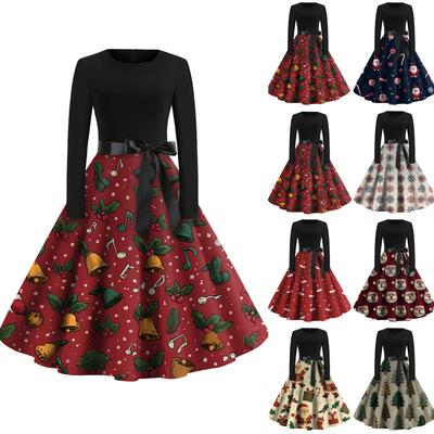 Women's Fashion Round Casual Slim Fit Christmas Print Large Swing Long Sleeve Dress