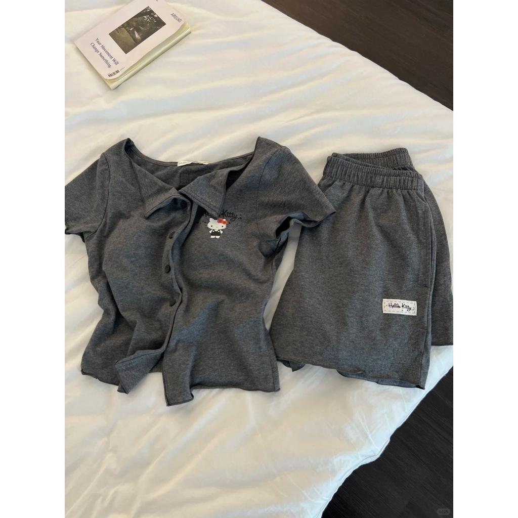 Sweet wind cute gray kitty cat with chest pad short sleeve pajamas women's summer new shorts set loungewear