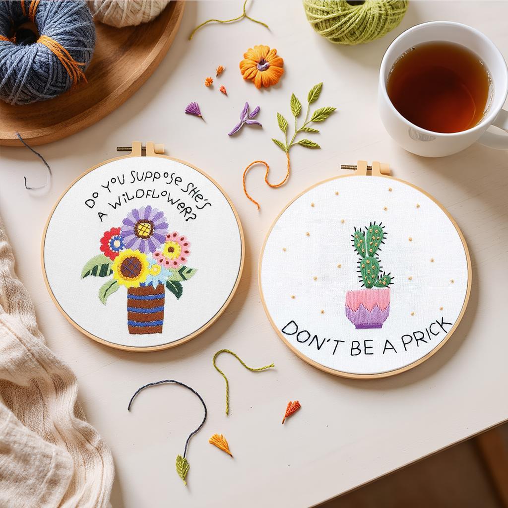 3er Pack Blumenpflanze DIY Stickset mit Stickrahmen Stickstiche Übungsset 30x30cm für Anfänger und Erwachsene