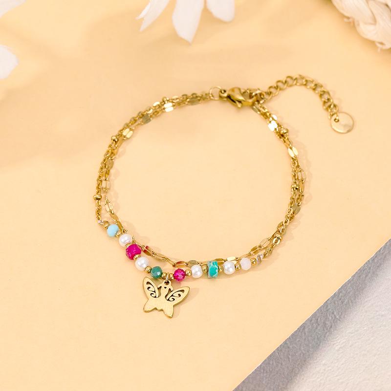 Stainless Steel Butterfly Bracelet: Double-Layer, Light Luxury Design with Natural Stone for Versatile Fashion
