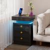 Bedside table, three drawers, with charging station, 2 AC power outlets/2 USB ports, European standard plug, black.