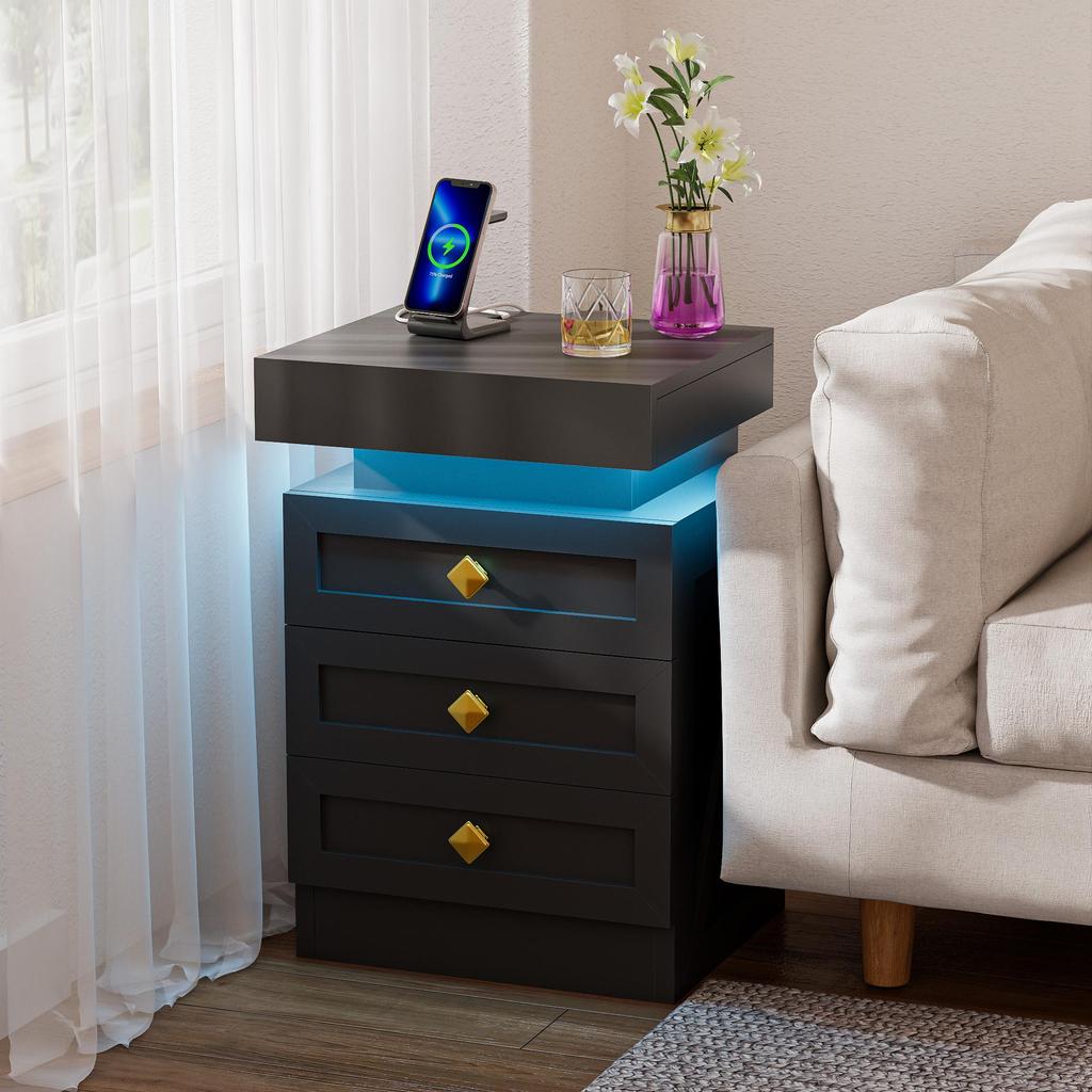 Bedside table, three drawers, with charging station, 2 AC power outlets/2 USB ports, European standard plug, black.