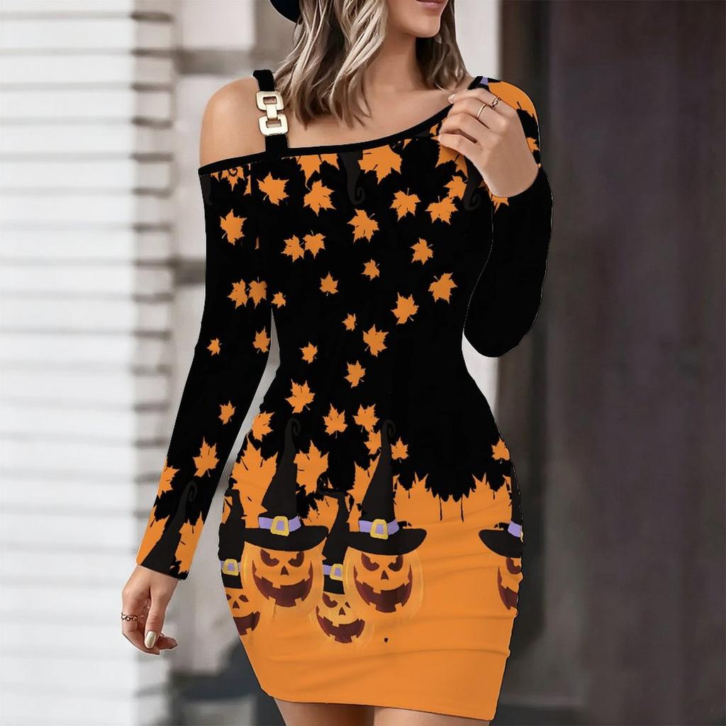 Women's One Shoulder Long Sleeve Bodycon Mini Dress, Skeleton Print Ruched Slim Fitting Party Dress