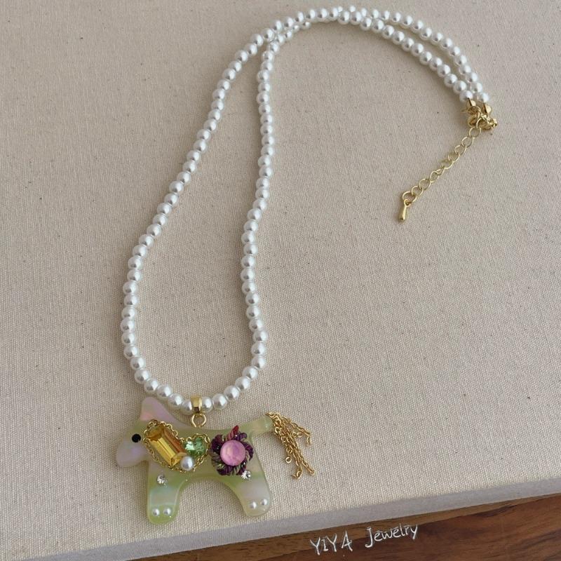 Cute Candy Color Acrylic Cartoon Horse Rhinestones Simulated Pearl Pendant Necklaces for Women Strand Sweater Chain Choker