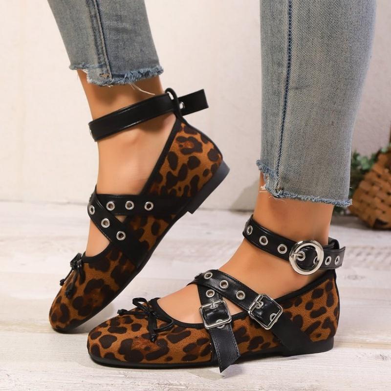 Fashion Fashion Cow Print Lace Up Ballet Flats Woman Brand Design Ankle Buckle Strap Ballerina Shoes Ladies Casual Leopard Canvas Loafer