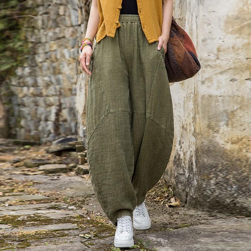 Johnature Women Vintage Bloomers Pants Elastic Waist Solid Color Spring Loose Cotton Ramie Women Patchwork Long Pants