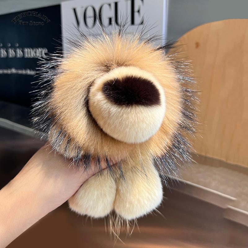 Cute Lion Real Rex Rabbit Fur Keychain Plush Toys Trinkets Women Bag Ornaments Pendant Car Keyring Rearview Mirror Decoration