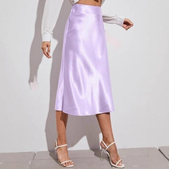 

Women Midi Skirt High Waist Satin-Like Shiny Skirt Solid Color Mid-calf Length Skirt Soft Breathable Fabric Work Skirt XS світло-синій колір