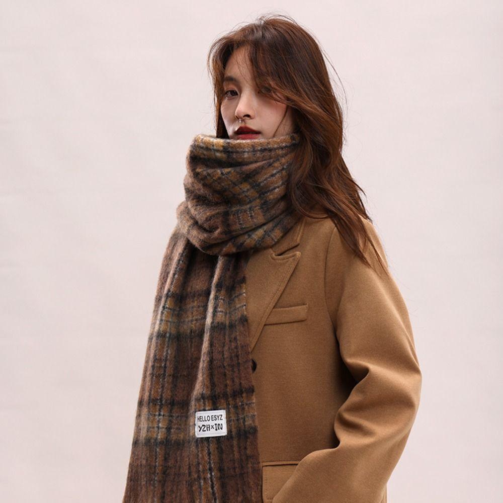 Tassel Plaid Wool Scarf Plush Long Shawl Retro Winter Cashmere Scarves  Women/Men