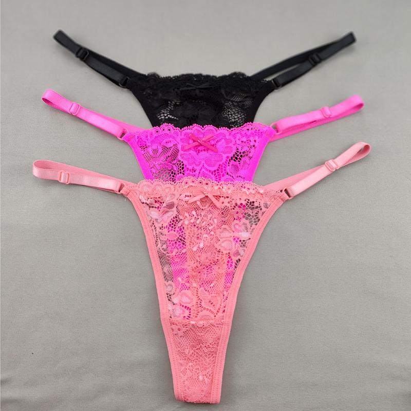 3Pcs Women's Lace Hollow Out Thongs Sheer G-Strings Sexy Ultra-low Rise Seamless Panties Perspective Bow Knickers