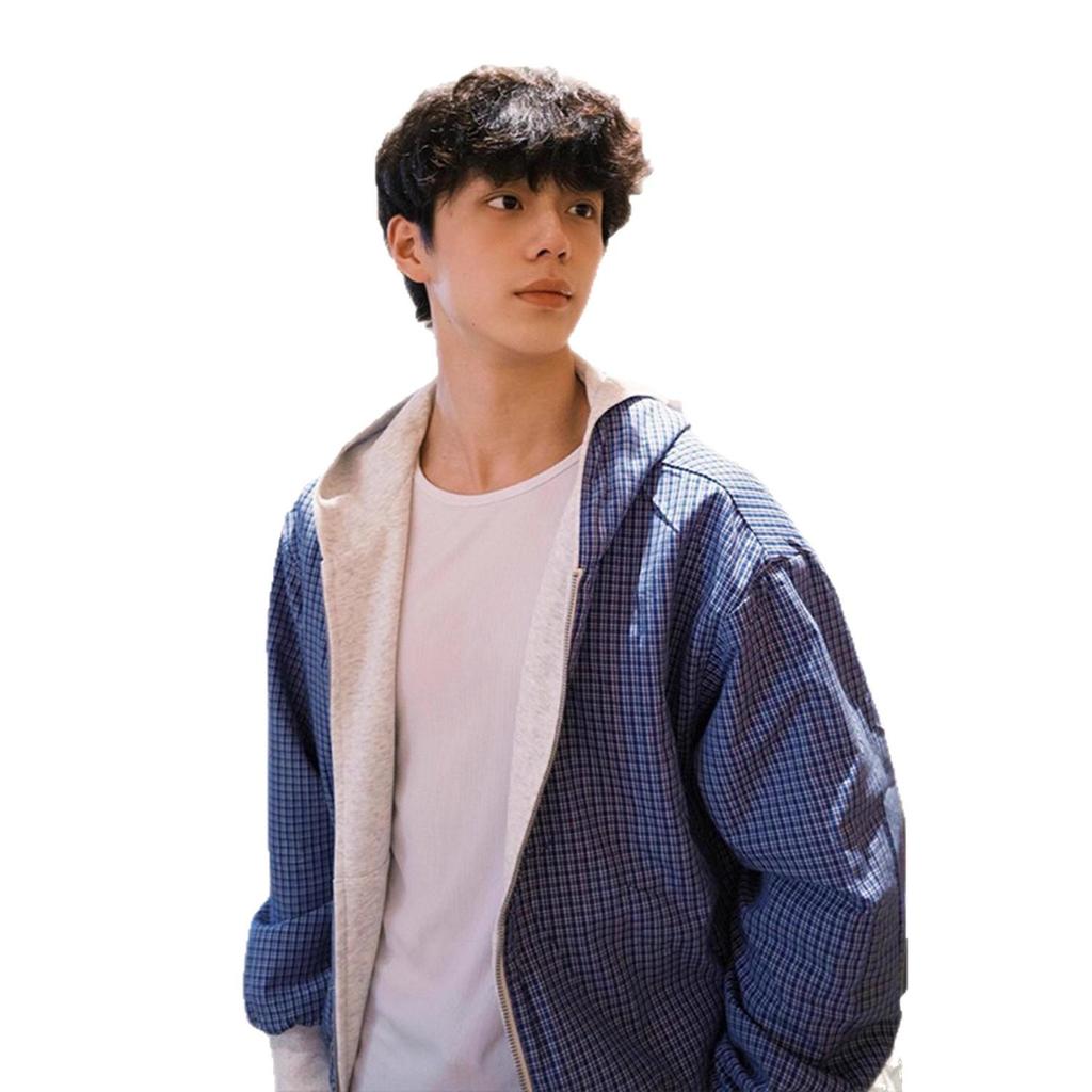 Miu Style Men's Reversible Blue Plaid Hooded Zip-Up Sweatshirt, Perfect for Spring and Autumn, Clean Fit, Versatile Cardigan Jacket