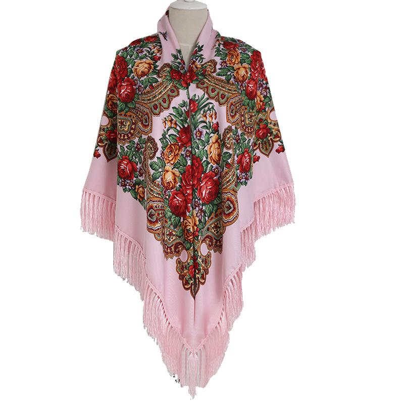 160*160Cm Women Russian National Scarf Lady Tassel Floral Print Headscarf Wraps Babushka Bandana Beach Travel Shade Shawls