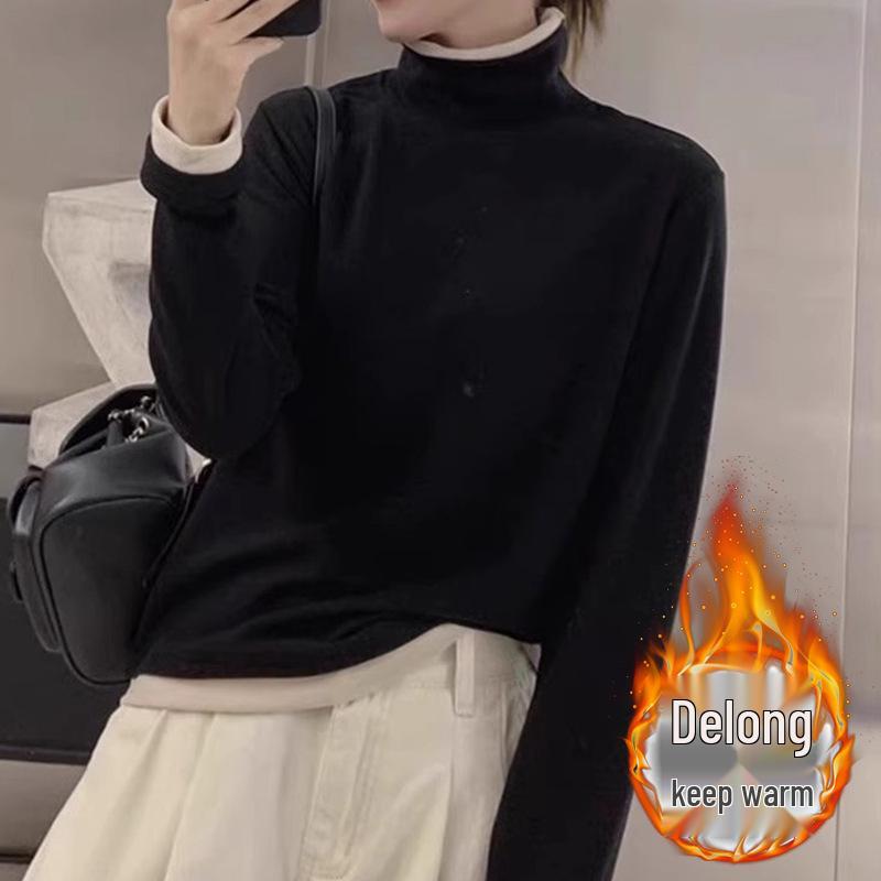 Slimming Long-Sleeve Velvet High-Neck Shirt for Women with Skin-Brightening Design