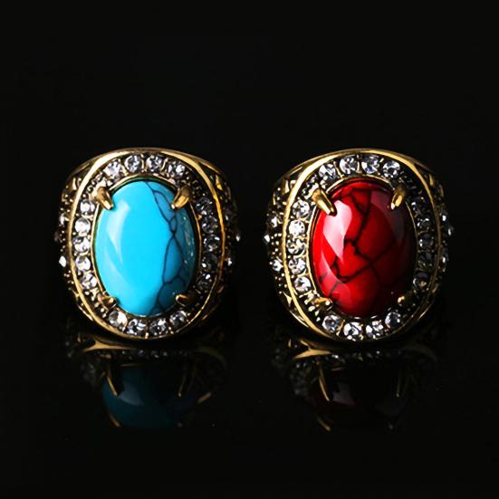 Unisex Turquoise Inlaid Ring Men Women Rhinestone Retro Ring Jewelry for Party