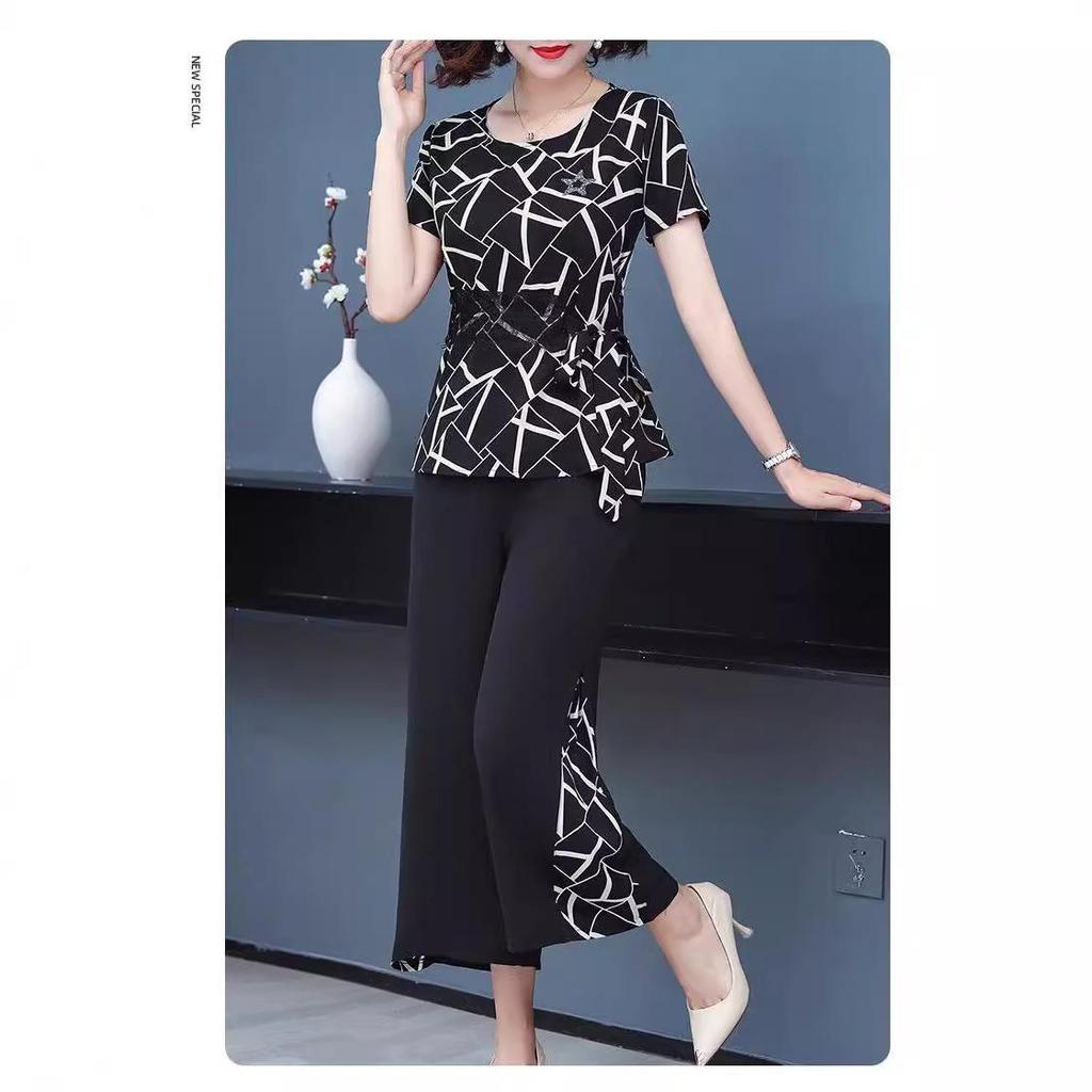 2024 Summer Chiffon Two-Piece Set: Short Sleeve Top & Nine-Point Pants for Moms