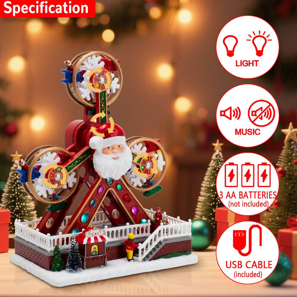Christmas Ferris Wheel Decoration with Santa Claus Face, LED Lights & Music, Animated Rotating Xmas Ornament for Home Party Gift