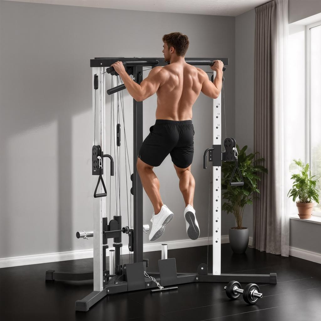 Power Tower Fitness Station with Lat Pulldown, Pull-Up Bar Curl/Rowing Bar Handles, 15-Way Adjustable