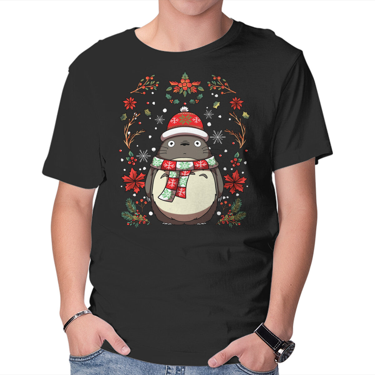 Unisex Crew Neck T-Shirt Christmas Totoro Graphic Short Sleeve Casual Tee XS