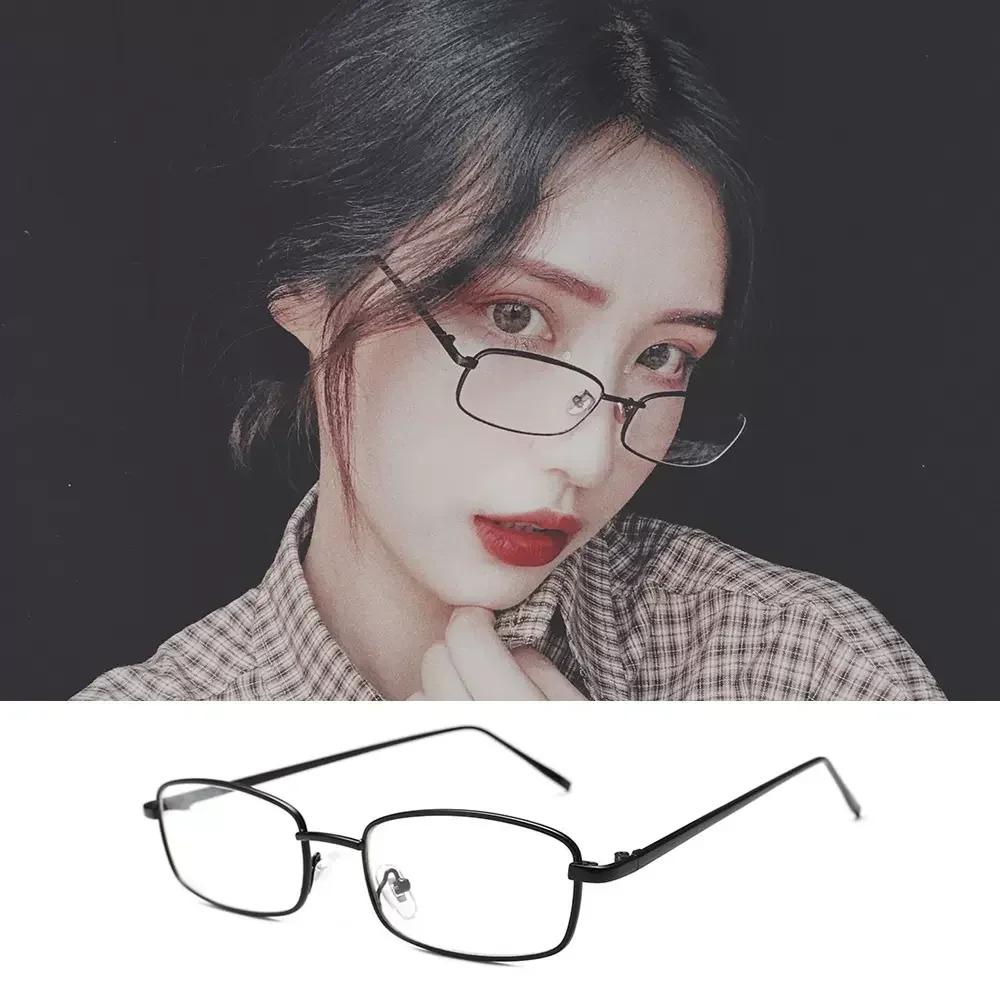 Square Glasses Frame for Women Small Metal Frame Flat Anti-blue Glasses Japanese Men Vintage Trendy Silver Y2K Reading Glasses