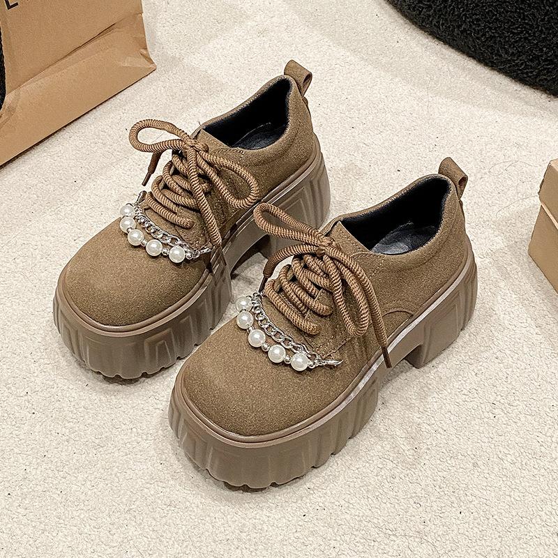 2025 autumn new small muffin lace-up jk loafers women's pearl platform British style platform single shoes