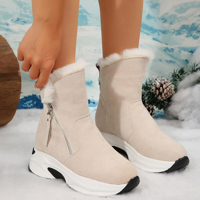 Lässige Dicke Sohle Einfarbig Fellige Schneestiefel Damen 2025 Winter Klobige Plateau Keilabsatz Stiefeletten Seitenreißverschluss Kunstfell Schuhe Dame