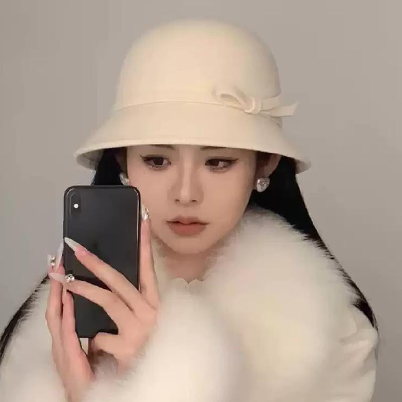 Black Bucket Hat Autumn Winter French Temperament Keeping Warm Bow Bucket Hat For Women