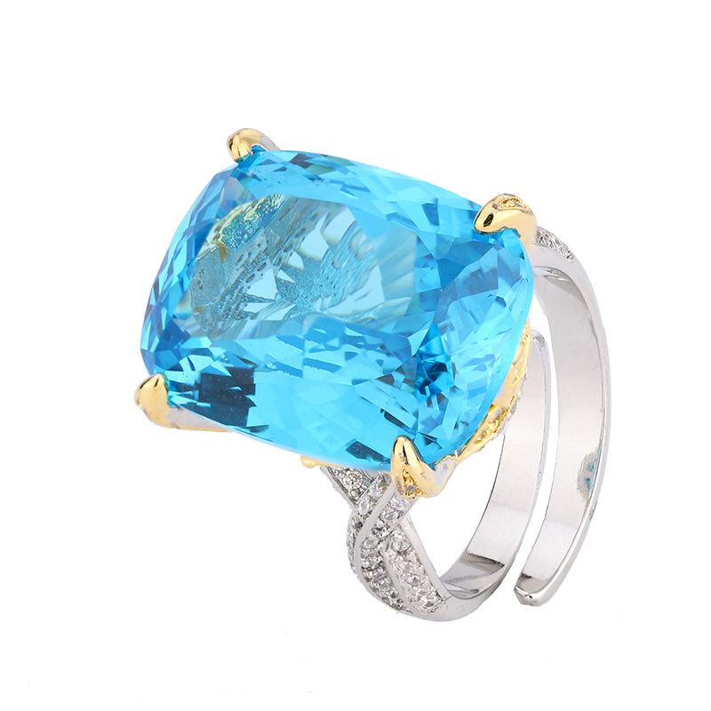 Jewelry Simulation Bird'S Nest Cut Sea Blue Treasure White Plated Blue Temperament Fat Square Set Main 15 * 20