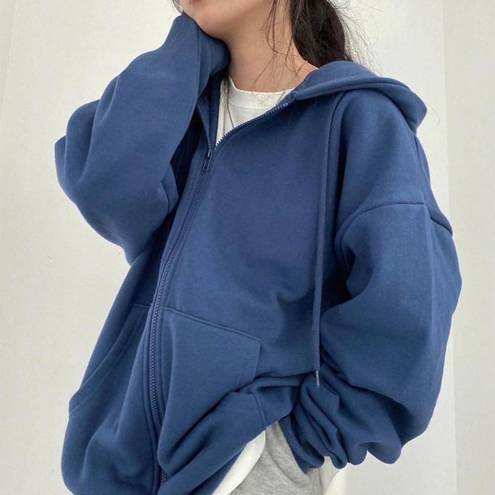 Women Winter Coat Zipper Closure Thick Hooded Long Sleeve Drawstring Loose Solid Color Pockets Elastic Cuff Lady Autumn Jacket