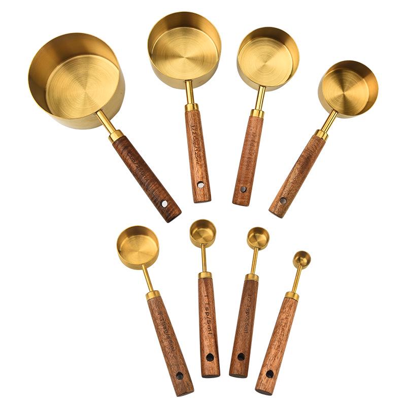 Gold-Plated Stainless Steel Measuring Cups & Spoons Set with Acacia Wood Handles – 8 Pieces