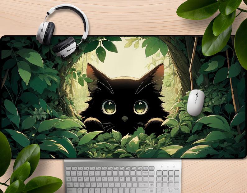 Cute Black Cat Mousepad Kawaii Desk Mat Cat Peeking Through Leaves Animal Lover Decor Large Anime Mouse Pad For PC Gaming Office