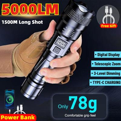 Torcia LED ad Alta Potenza Batteria 18650 Impermeabile Lampada di Emergenza Sopravvivenza per Campeggio Escursionismo Ricaricabile USB Torce ad Alta Potenza con Zoom Telescopico